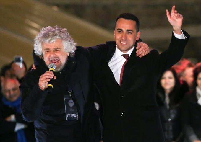 Tudi Gibanje pet zvezd je doseglo nepričakovano visok rezultat. Raziskave so mu namreč kazale nekaj odstotkov manj. Na fotografiji stari novi vodja, komik Beppe Grillo (levo), in 31-letni Neapeljčan Luigi di Maio. | Foto: Reuters