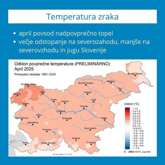Letošnji april je bil povsod po Sloveniji nadpovprečno topel. Prostorsko gledano je bil letošnji april od dolgoletnega povprečja bolj izstopajoč v severozahodni Sloveniji, kjer je bil odklon tudi večji od 2,0 stopinje Celzija, drugod je bil odklon večinoma od 1,5 do 2,0 stopinje Celzija, le v severovzhodni Sloveniji, Slovenskem primorju in ponekod v južni Sloveniji je bil manjši od 2,0 stopinje Celzija.
Glede na temperaturni razpon v obdobju 1991–2020 je bil letošnji april večinoma topel (med 75. in 91. centilom), le ponekod v severozahodni Sloveniji zelo topel (med 91. in 98. centilom), so zapisali na Arsu. | Foto: ARSO Meteo
