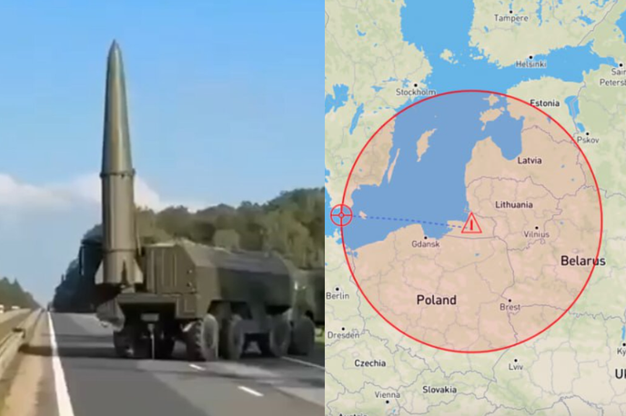 Iskander, Rusija, Raketa, Domet | Levo prizor iz videoposnetka raketnih sistemov iskander v Kaliningradu, desno domnevni domet balističnih raket, ki jih lahko izstreljuje omenjeni sistem. | Foto X / Posnetek zaslona