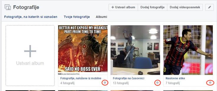 Albumi, v katerih so profilne in naslovne fotografije ter fotografije s časovnice in mobilnih naprav, ne omogočajo tako preprostega nastavljanja zasebnosti kot albumi, ki jih je uporabnik ustvaril sam. Namesto tega bo treba raven zasebnosti določiti za vsako fotografijo posebej (to označuje obkroženi zobnik). Pri tem je treba vedeti, da bosta trenutni profilna in naslovna fotografija vedno javni. | Foto: 