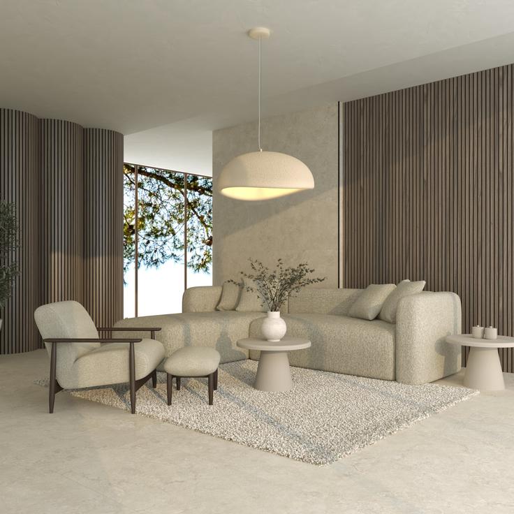 Izdelki: fotelj korra Magali Dark, tabure korra Magali Dark, kotna garnitura korra Magali, stenski akustični panel Voxort Zara Walnut, viseča svetilka Zorra Lighting Venus, klubska mizica korra Donna. | Foto: Fero-Term