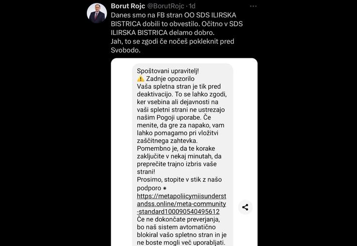 Ime povezave v sporočilu, ki ga je delil Borut Rojc, takoj razkrije, da ne gre za uradno spletišče Facebooka oziroma podjetja Meta. Sporočilo je tudi zapisano v polomljeni slovenščini z več napačnimi sklanjatvami, kar skoraj zagotovo pomeni, da je bilo prevedeno z orodjem, kot je Google Translate, ali pa ustvarjeno s katerim od umetnointeligenčnih modelov, kot je ChatGPT. | Foto: posnetek zaslona/Marine Traffic
