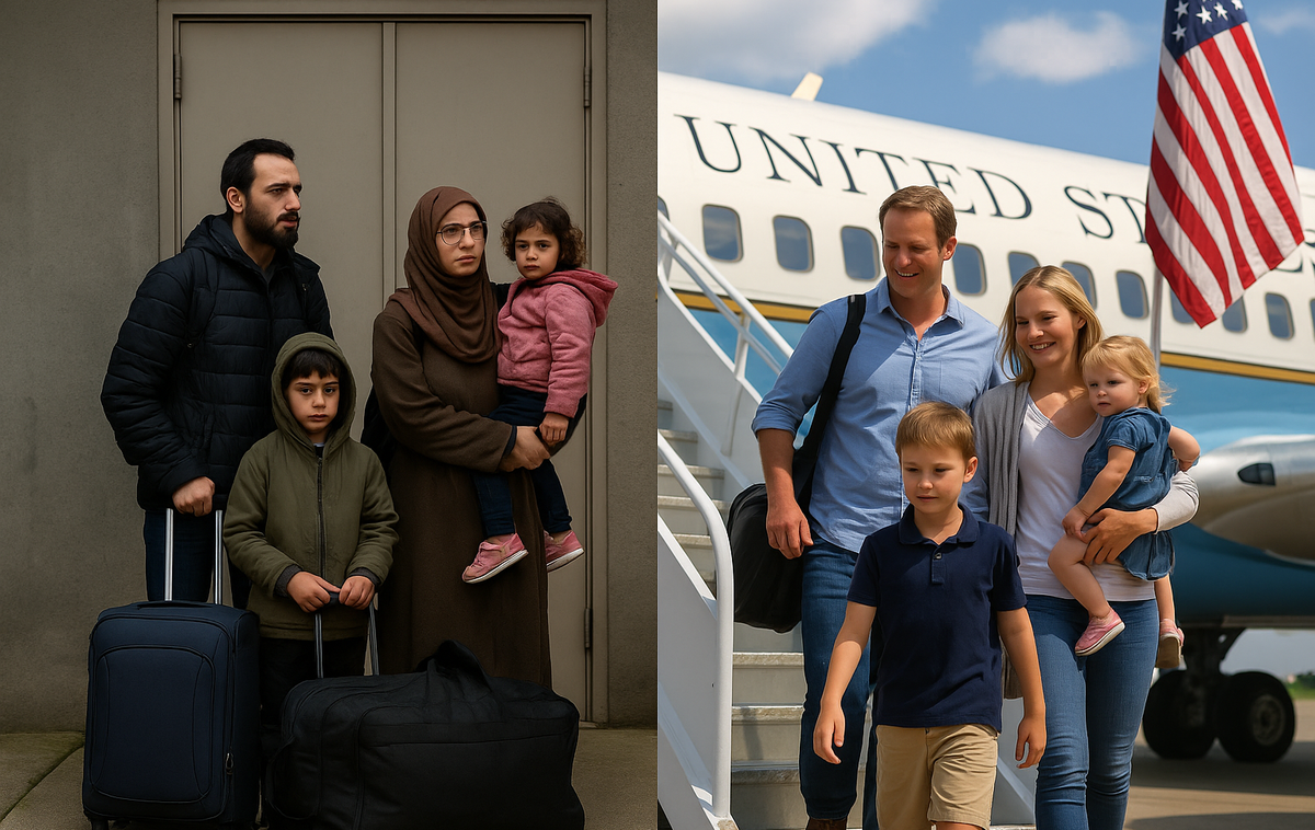 migranti begunci | Na letališču Dulles pri Washingtonu je namestnik državnega sekretarja Chris Landau sprejel prvo skupino beguncev iz Južne Afrike. Ti naj bi v domovini trpeli zaradi nasilja in rasne diskriminacije, ki naj bi bili usmerjeni proti belopoltim. Landau je ob tem poudaril, da ZDA nasprotujejo vsakršnemu zatiranju ljudi zaradi njihove rase. | Foto Fotografija je bila ustvarjena s pomočjo umetne inteligence