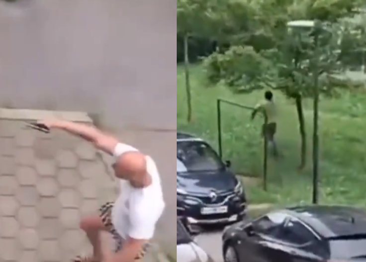 Trenutek, ko je na prizorišče pritekel moški s strelnim orožjem (levo), in trenutek, ko je žrtev pretepa proti trojici, ki ga je brcala in udarjala, sprožila strel (desno).  | Foto: TikTok / Nepridiprav / Posnetek zaslona