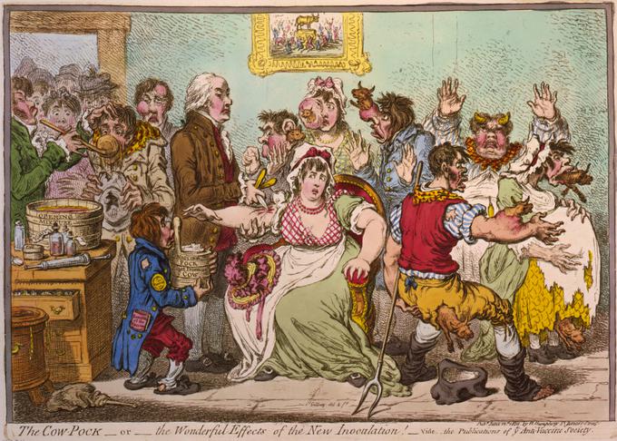 Jennerjevo "kravje" cepivo je imelo med ljudmi v začetku veliko nasprotnikov. Ta karikatura iz leta 1802 smeši nasprotnike cepljenja, ki so prepričani, da jim bodo po cepljenju iz teles začele rasti krave. | Foto: Thomas Hilmes/Wikimedia Commons