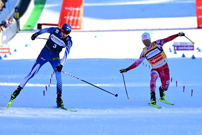 Ilkka Herola | Ilkka Herola je v zaključku ugnal Johannesa Lamparterja in se veselil zgodovinske tekme nordijskih kombinatorcev, ki so skakalni del prvič opravili na letalnici. | Foto Reuters