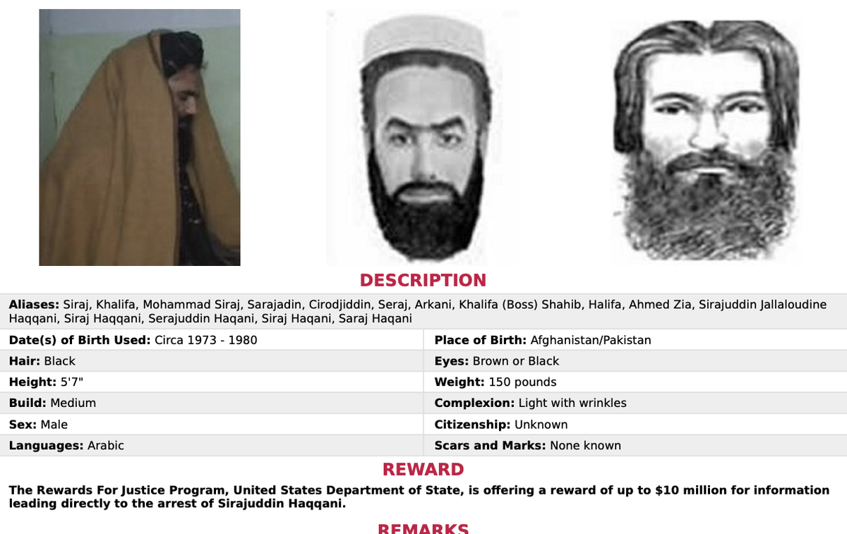 Siradžudin Haqani | Tiralica ameriškega FBI za Sirajudinom Hakanijem | Foto FBI