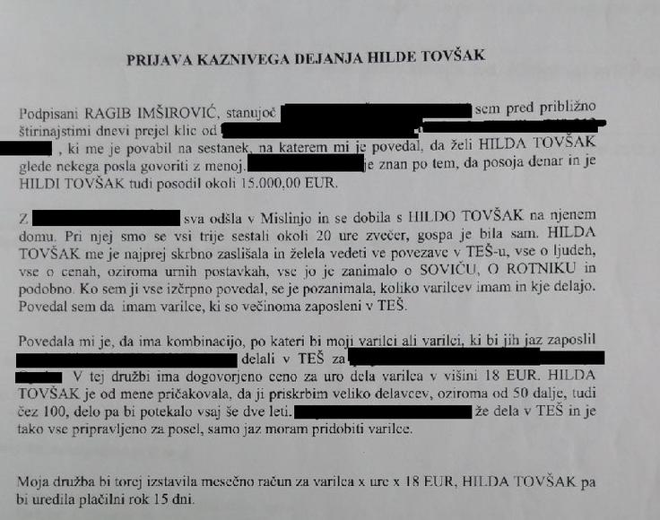 Del ovadbe, za katero Karlovšek trdi, da jo je napisal po navodilih kriminalista iz Celja. Napisal naj bi jo v času, ko ni imel statusa tajnega policijskega sodelavca. Hilda Tovšak je podkupovanje za zaposlitev varilcev pri gradnji Teš6 priznala in bila obsojena na zaporno kazen. | Foto: 