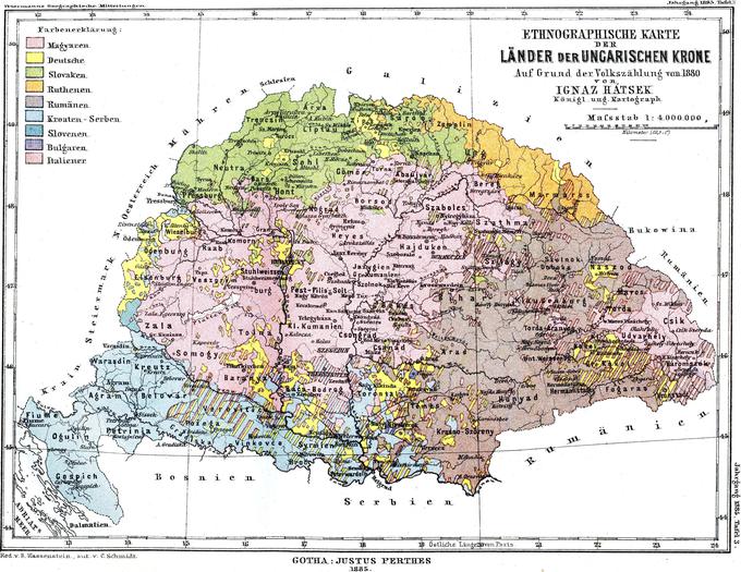 Čeprav zemljevidu Kraljevine Ogrske, ki ga je nosil Orban na svojem šalu, včasih pravijo zemljevid Velike Madžarske, pa to v resnici ni. Ne gre namreč za zemljevid vsega ozemlja, na katerem strnjeno živijo pripadniki madžarske narodnosti, ampak je to zemljevid nekdanjega madžarskega mini imperija, ki ga je imela Budimpešta pred prvo svetovno vojno v okviru habsburške monarhije. Velik del ozemlja nekdanje Kraljevine Ogrske pred prvo svetovno vojno so namreč sestavljala ozemlja, ki niso bila del madžarskega narodnega in jezikovnega ozemlja. Na zemljevidu, ki je narejen na podlagi popisa prebivalstva iz leta 1880, je madžarsko narodno ozemlje označeno s svetlo vijoličasto barvo. Slovensko narodno ozemlje v okviru Kraljevine Ogrske (Prekmurje in današnje Porabje) je obarvano modro. | Foto: Thomas Hilmes/Wikimedia Commons
