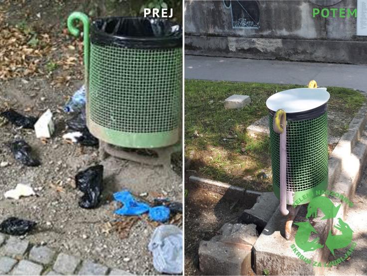 "Že dlje časa so nam številni člani pošiljali fotografije raztresenih smeti, ki jih vrane vlečejo iz košev za smeti. Upravni odbor društva je zato, v skladu s programom dela društva za leto 2018, naročil izdelavo 50 pokrovov za koše, ki so v parkih.  Prvih dvajset smo namestili v Parku Tabor in za Bežigradom na območju sprehajalnih poti Kardeljeve ploščadi. Spremljali bomo učinke. Če bodo pozitivni, bomo naročili dodatne količine." | Foto: Društvo Zelenih nadzornikov