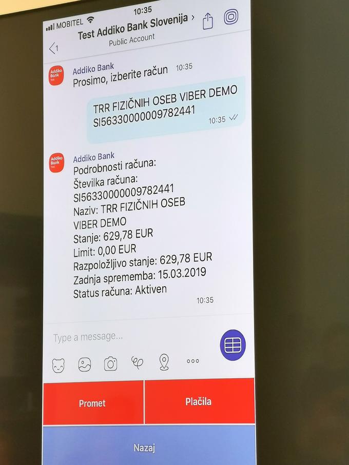Vpogled v stanje računa je eno od najpogostejših opravil v spletni in mobilni banki, ki ga bodo imetniki osebnih računov Addiko Bank zdaj lahko opravili tudi v aplikaciji Viber. | Foto: Srdjan Cvjetović