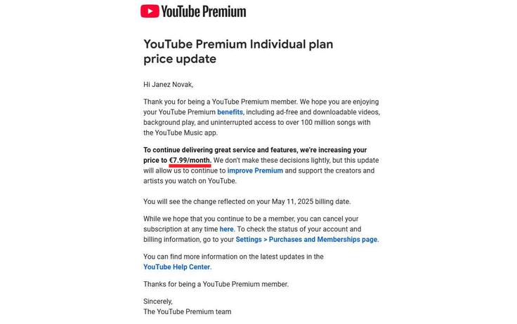 Obvestilo o podražitvi storitve YouTube Premium, ki so ga prejeli slovenski naročniki.  | Foto: Siol.net