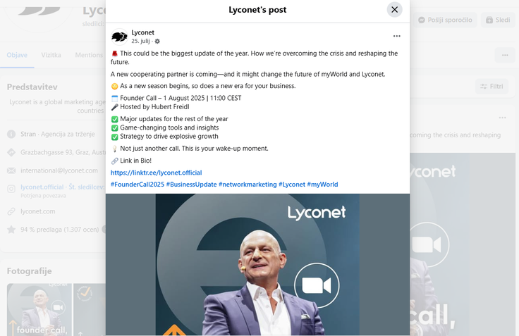 Lyconet je 25. julija letos obljubljal veliko novost. Nekaj dni kasneje je podjetje myWorld International razglasilo insolventnost. Na fotografiji lastnik podjetja Hubert Freidl. | Foto: Posnetek zaslona