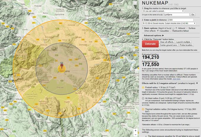 Ognjena krogla eksplozije bi se lahko razplamtela nad celotnim središčem Ljubljane. Število smrtnih žrtev bi se približalo 200 tisoč. Udarni val bi porušil večino stanovanjskih zgradb v Ljubljani.  | Foto: Matic Tomšič