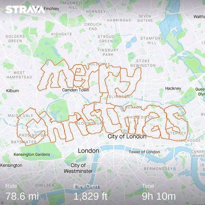 Pred dnevi je na londonskih cestah prekolesaril traso v obliki voščila Vesel božič. Za 126 kilometrov je potreboval več kot devet ur, samo oblikovanje traso pa mu je vzelo kar tri mesece. | Foto: 