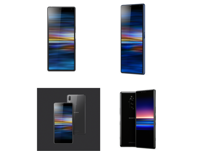 Sony je ob modelu Xperia 1 (spodaj desno) predstavil tudi dve napravi srednjega cenovnega razreda, pametna telefona Xperia 10 in 10 Plus (zgoraj levo in zgoraj desno) ter kandidata za favorita v nižjem cenovnem razredu Xperio L3 (spodaj levo). Vsem je skupno to, da imajo zelo visoke zaslone. | Foto: Sony Mobile