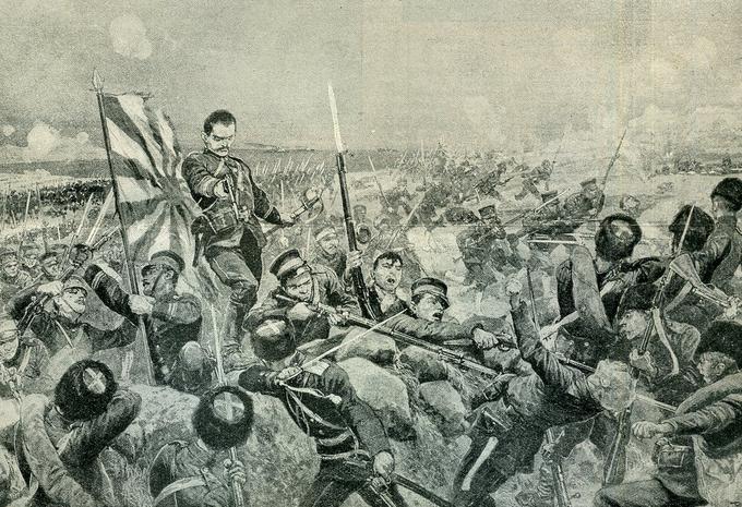 Februarja 1904 je na Daljnem vzhodu izbruhnila vojna med Rusijo in Japonsko. Končala se je septembra 1905 z ruskim porazom. Na fotografiji: slika, ki prikazuje napad japonske vojske na rusko utrdbo maja 1904 v Mandžuriji. | Foto: Wikimedia Commons