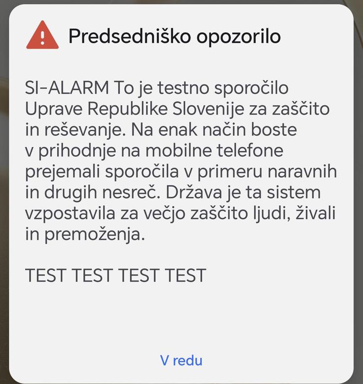 Testno sporočilo sistema SI-Alarm.  | Foto: Posnetek  zaslona