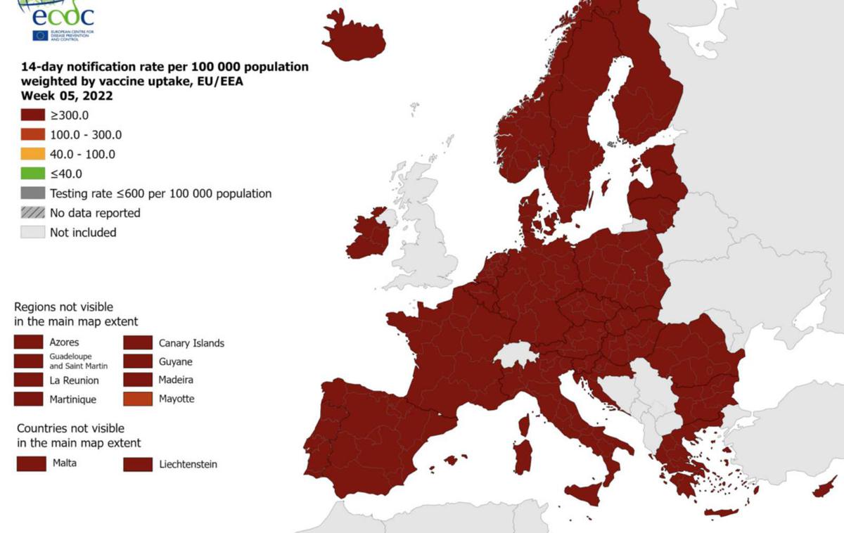 ecdc | Tudi preostale evropske države so še vedno obarvane temno rdeče. | Foto STA