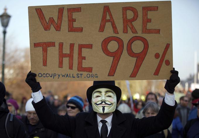 Reševanje bank z denarjem davkoplačevalcev je v ZDA sprožilo proteste, kot je bil Okupirajmo Wall Street. Nastala je priljubljena delitev na odstotek superbogatih in ljudstvo 99 odstotkov. | Foto: Reuters