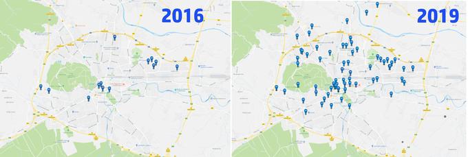 Primerjava razpoložljivih lokacij leta 2016 (levo) in letos. | Foto: Avant2Go