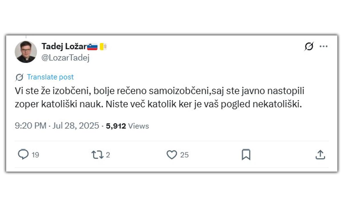 Izobčenje | Izobčenje Francija Keka, ki ga je kar prek omrežja X objavil duhovnik Tadej Ložar. | Foto zajem zaslona/X