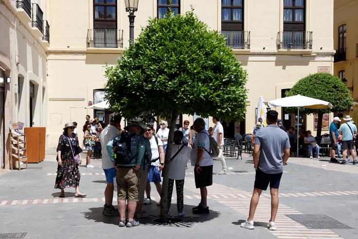 Turisti v Španiji se pred močnim opoldanskim soncem zatekajo v senco. | Foto: Reuters