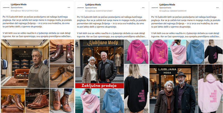 Različni oglasi za Ljubljana Moda, ki so jih videli slovenski uporabniki in uporabnice Facebooka. Fotografije domnevnih lastnikov trgovine so ustvarjene z umetno inteligenco.  | Foto: Posnetek  zaslona