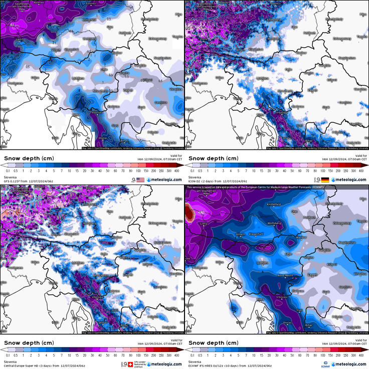 Meteorološki modeli so v primerjavi z nekaj dnevi nazaj bistveno zmanjšali napovedi višine snežne odeje. Na sliki so prikazani štirje različni izračuni snežne odeje za ponedeljek ob 7. uri. | Foto: meteologix