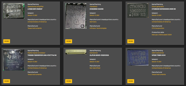 Del elektronskih komponent, ki jih je vseboval sestreljeni dron geran-5. | Foto: Posnetek  zaslona