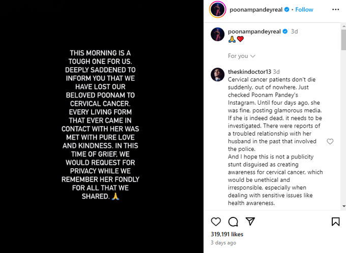 Objava na Instagramu, v kateri je bila razkrita "smrt" Poonam Pandey. Ob njej je komentar, katerega avtor se sprašuje, ali gre resnično za smrt ali pa morda za neetičen in neodgovoren način ozaveščanja o raku materničnega vratu, ki je za marsikoga boleča tema. | Foto: Instagram / Poonam Pandey