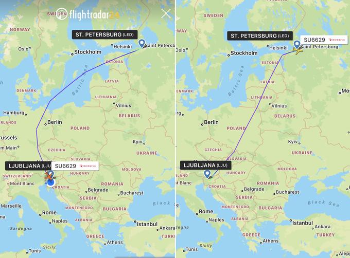 Primerjava prejšnjega (desno) in današnjega leta družbe Rossiya proti Sloveniji. Danes so morali izbrati pot mimo Poljske in Češke. Tej državi so se na zahodni strani sicer močno približali, a meje zračnega prostora niso enake državnim mejam. | Foto: Flightradar24