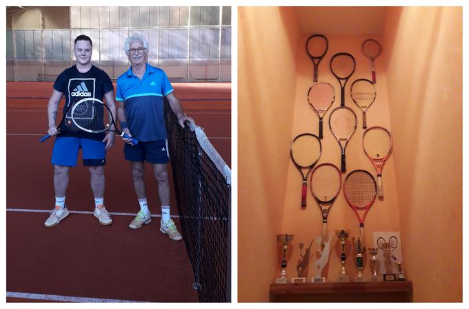 Branislav s svojim vnukom med partijo tenisa in njegove teniške trofeje. | Foto: osebni arhiv/Lana Kokl