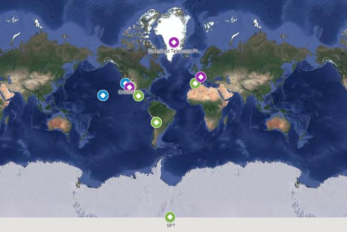 Lokacije teleskopov in observatorijev, ki so vključeni v radijsko teleskopsko polje projekta Event Horizon Telescope. Dva se nahajata celo na skrajnem severu in jugu planeta - na Grenlandiji in Antarktiki. | Foto: Event Horizon Telescope