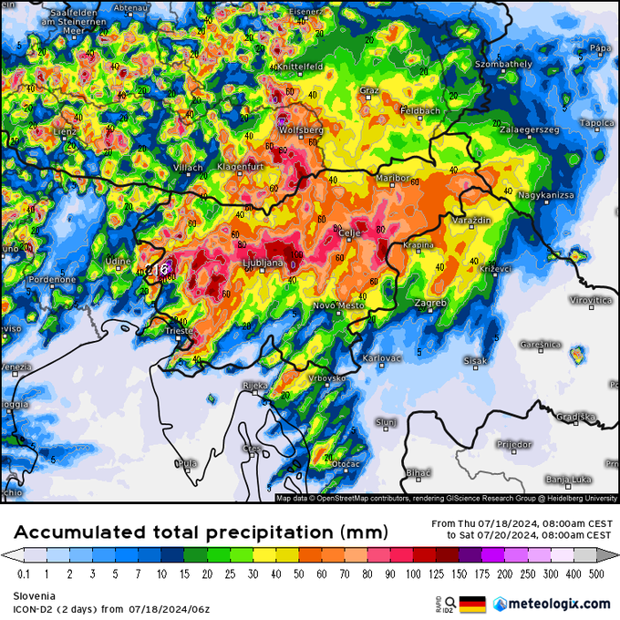 Karta prikazuje, koliko padavin bo nad našimi kraji padlo od danes do vključno sobote zjutraj. Najburnejše dogajanje pričakujemo v noči na soboto. | Foto: meteologix