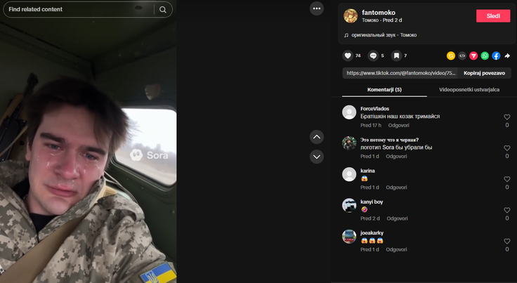 Videoposnetek objokanega ukrajinskega vojaka z vodnim žigom, ki dokazuje, da ga je ustvarilo umetnointeligenčno orodje Sora.  | Foto: Posnetek  zaslona