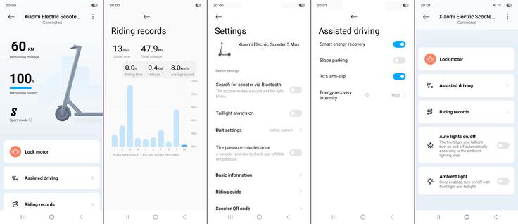 Nekatere izmed nastavitev skiroja Xiaomi Electric Scooter 5 Max, ki jih je mogoče postaviti in nadzirati prek aplikacije Xiaomi Home na povezanem pametnem telefonu. Aplikacija žal še vedno ne podpira slovenščine (niti nobenega drugega južnoslovanskega jezika). | Foto: Srdjan Cvjetović