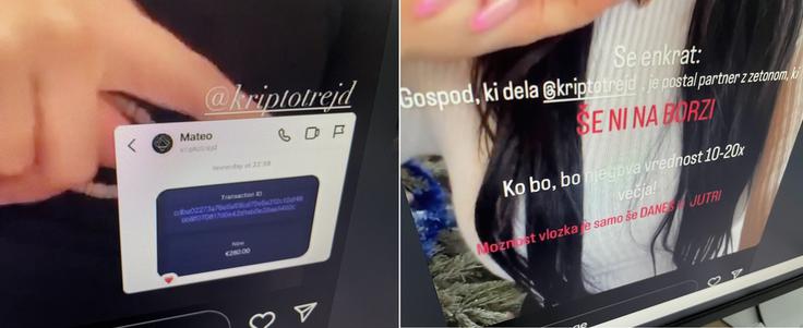 Da imajo morda opravka s prevarantom, je trojica vplivnic posumila šele, ko smo na Siol.net objavili prvi članek o profilu Kriptotrejd.  | Foto: Instagram Laura Beranič, Nina Radi / Posnetek zaslona
