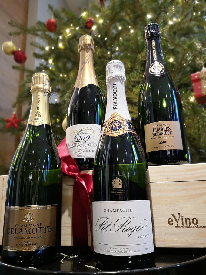 Francoske zvezde med šampanjci: Delamotte Blanc de Blancs 2008, Pol Roger Reserve brut, Charles Heidseck 2006 brut millésimé in Serge Mathieu 2009, brut. | Foto: 