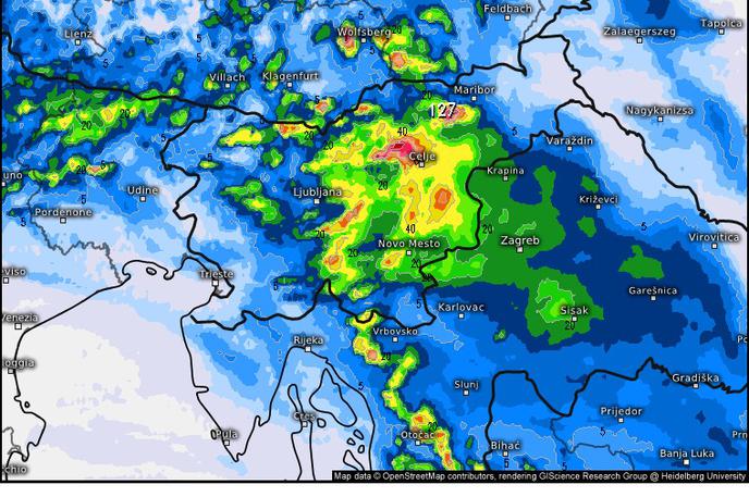 Meteoinfo | Slika prikazuje predvideno količino padavin do jutri zjutraj po modelu ICON-D2. Prikazan je le eden izmed scenarijev. | Foto Meteoinfo