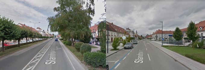 Levo Žalec leta 2013, desno leta 2019, ko je skozi mesto nazadnje vozil Googlov avtomobil.  | Foto: Google Street View