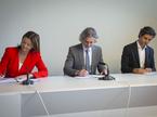 Podpis koalicijske pogodbe. Robert Golob, Tanja Fajon, Luka Mesec.