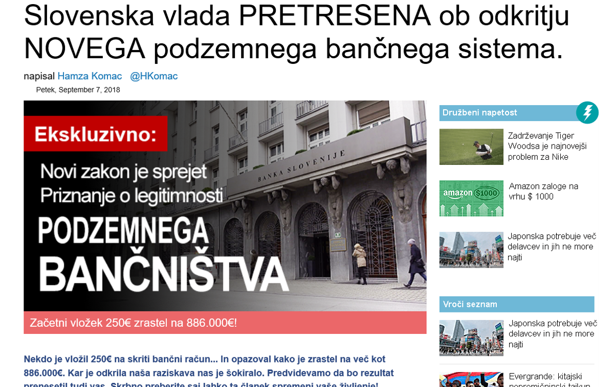 Članek prevara | Članek v vodu omenja novi zakon in prikazuje fotografijo sedeža Banke Slovenije, a o tem zakonu v nadaljevanju članka nato več ne moremo prebrati ničesar. | Foto Matic Tomšič / Posnetek zaslona