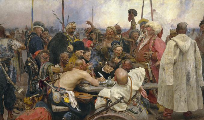 Ukrajinci so velik narod, v zgodovini pa so vedno imeli za svoje sosede velesile. Na zahodu Poljake, na jugu Otomanski imperij in Krimske Tatare, na vzhodu carsko Rusijo, ki je postajala vse močnejša sila od 16. stoletja naprej. Stoletja so se sami sebe imenovali Rusini, Ruse iz carske Rusije oziroma Velike moskovske kneževine, s katerimi so po mongolskih osvajanjih v 13. stoletju prvič prišli v ponovni stik šele v 17. stoletju, pa Moskovčane (ukr. Moskali). Moskovčani oziroma Moskoviti pa so spet sebi pravili Rusi. Da bi končali to zmedo s poimenovanjem dveh vzhodnoslovanskih narodov, so Rusini v 19. stoletju prevzeli narodno ime Ukrajinci. Zaradi razpetosti med Poljsko in Rusijo je prihajalo na eni strani do popoljčenja dela ukrajinskega plemstva na zahodu, na drugi strani pa se je ukrajinsko kozaško plemstvo na vzhodu, zlasti v t. i. Levobrežni Ukrajini, nagibalo k rusifikaciji (primer takšnega levobrežnega Ukrajinca je bil Mikola Hoholj, v ruski različici imena znan kot Nikolaj Gogolj, ki je med drugim napisal roman Taras Buljba o kozakih, ki se vojskujejo proti Poljakom). Na fotografiji: znana slika v Harkovu rojenega ruskega slikarja Ilje Repina o zaporoških kozakih. | Foto: Wikimedia Commons