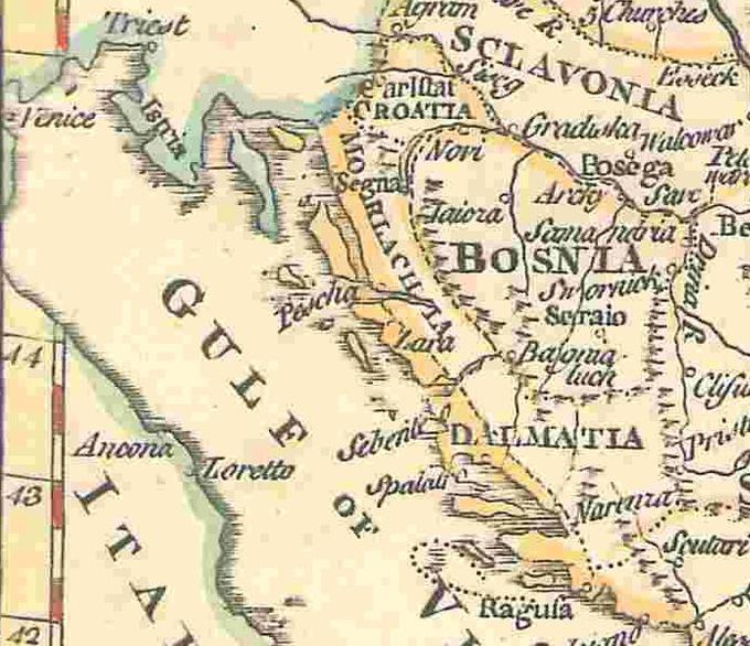 Italijanski zemljevid Balkana iz srede 17. stoletja. Območje Velebita, Like in Dalmatinske Zagore je poimenovano Dežela Morlakov, Morlakija (Morlachia). Vlaško prebivalstvo se je na to območje preselilo ali pa pribežalo v obdobju turških osvajanj.  | Foto: commons.wikimedia.org