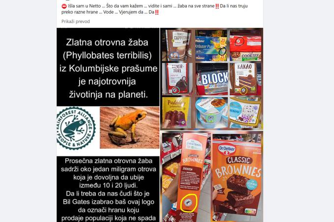 Primer ene od objav, ki namiguje, da prehranski izdelki z logotipom žabe vsebujejo strup. | Foto: Matic Tomšič / Posnetek zaslona